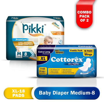 Baby Diaper Premium Pant M-08 & Cottore Dry Nights XL-18 with Super Absorbent and Magic Gel Technology