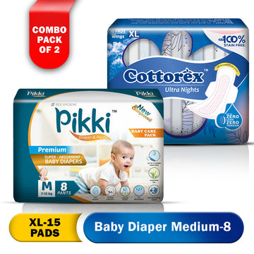 Baby Diaper Premium Pants M-08 & Cottorex Ultra Nights XL-15 with Upto Zero Leak, Zero Tension