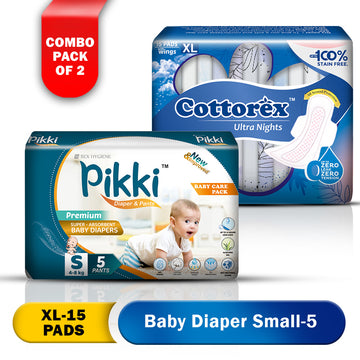 Baby Diaper Premium Pants S-05 & Cottorex Ultra Nights XL-15 with Upto Zero Leak, Zero Tension